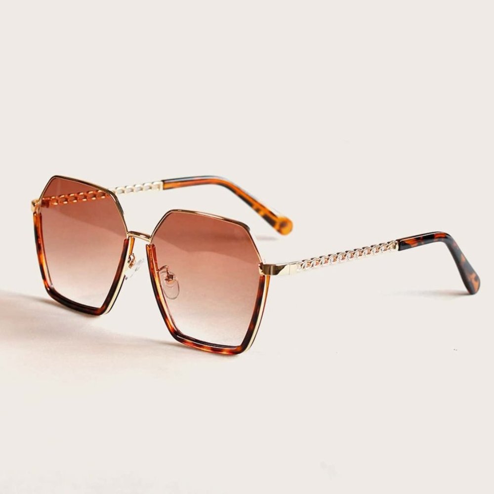 Metal Polygon Frame Tortoiseshell Sunglasses